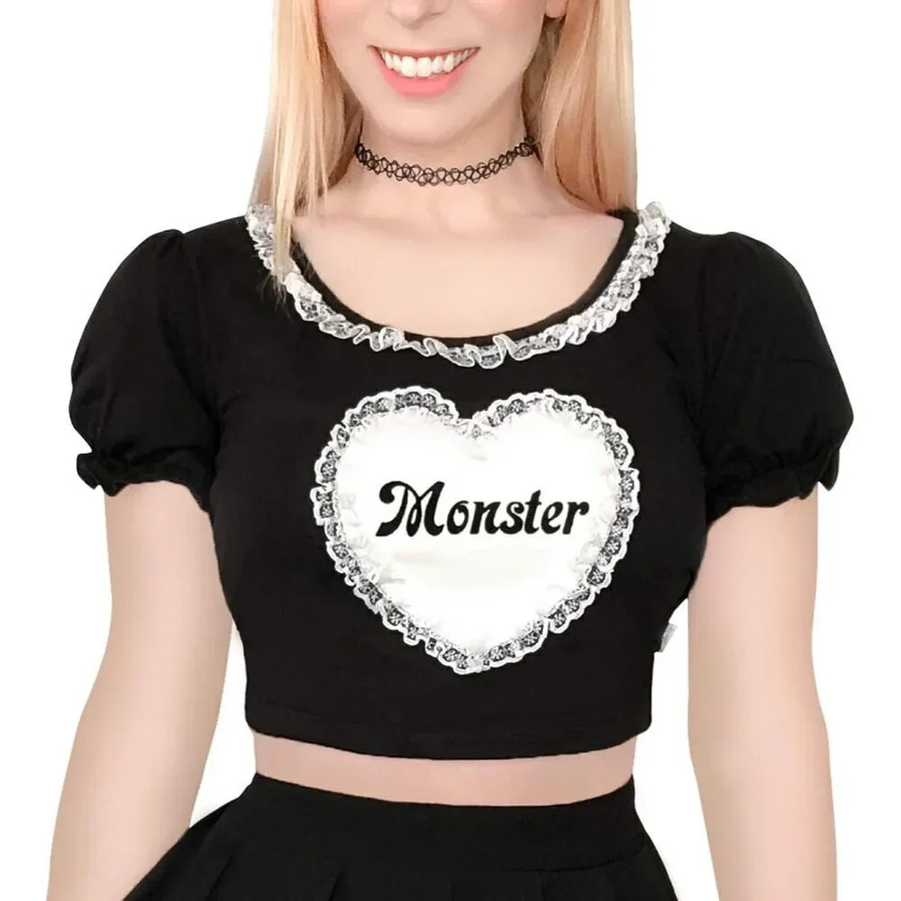 Kawaii Crop Black top Puff Sleeve cotton Scoop  Neck Shirt For Women's